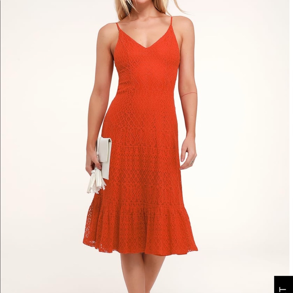 Orange lace midi dress with ruffle bottom